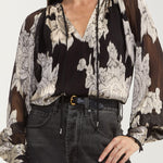 Liverpool long sleeve chiffon jacquard blouse with tie neck in black multi floral pattern