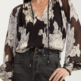 Liverpool long sleeve chiffon jacquard blouse with tie neck in black multi floral pattern