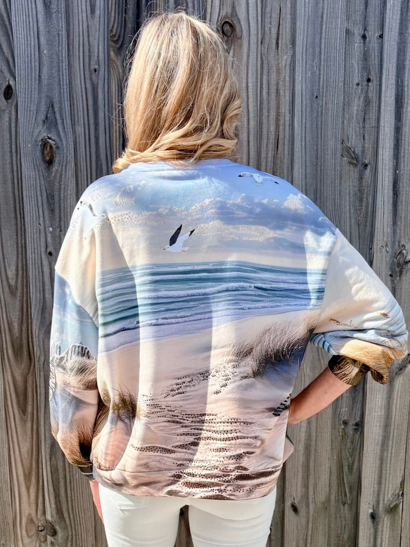 Queen of Sparkles Multi Beach Scene sparkly oversized Sweatshirt at ooh la la! in Grapevine TX 76051