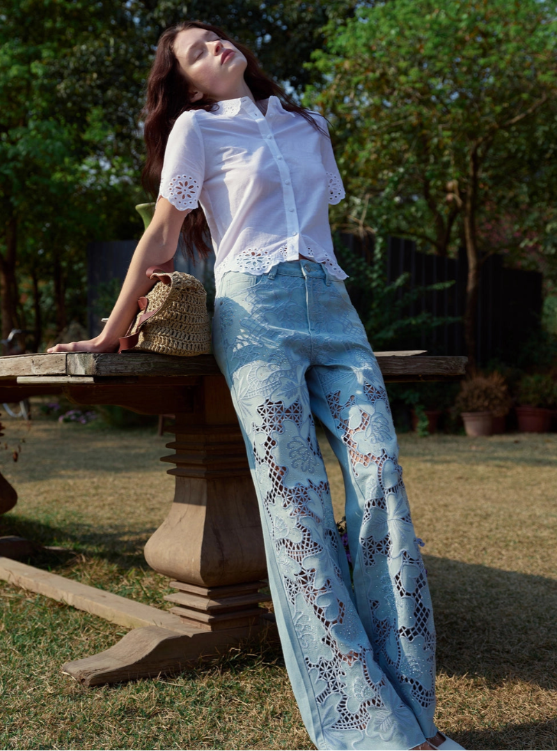 High Rise Lace Front Straight Leg Jeans in light blue at ooh la la! in Grapevine TX 76051