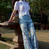 High Rise Lace Front Straight Leg Jeans in light blue at ooh la la! in Grapevine TX 76051