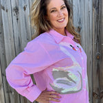 Queen of Sparkles Striped Sequin Swan Button Up Long Sleeve Top at ooh la la! in Grapevine TX 76051