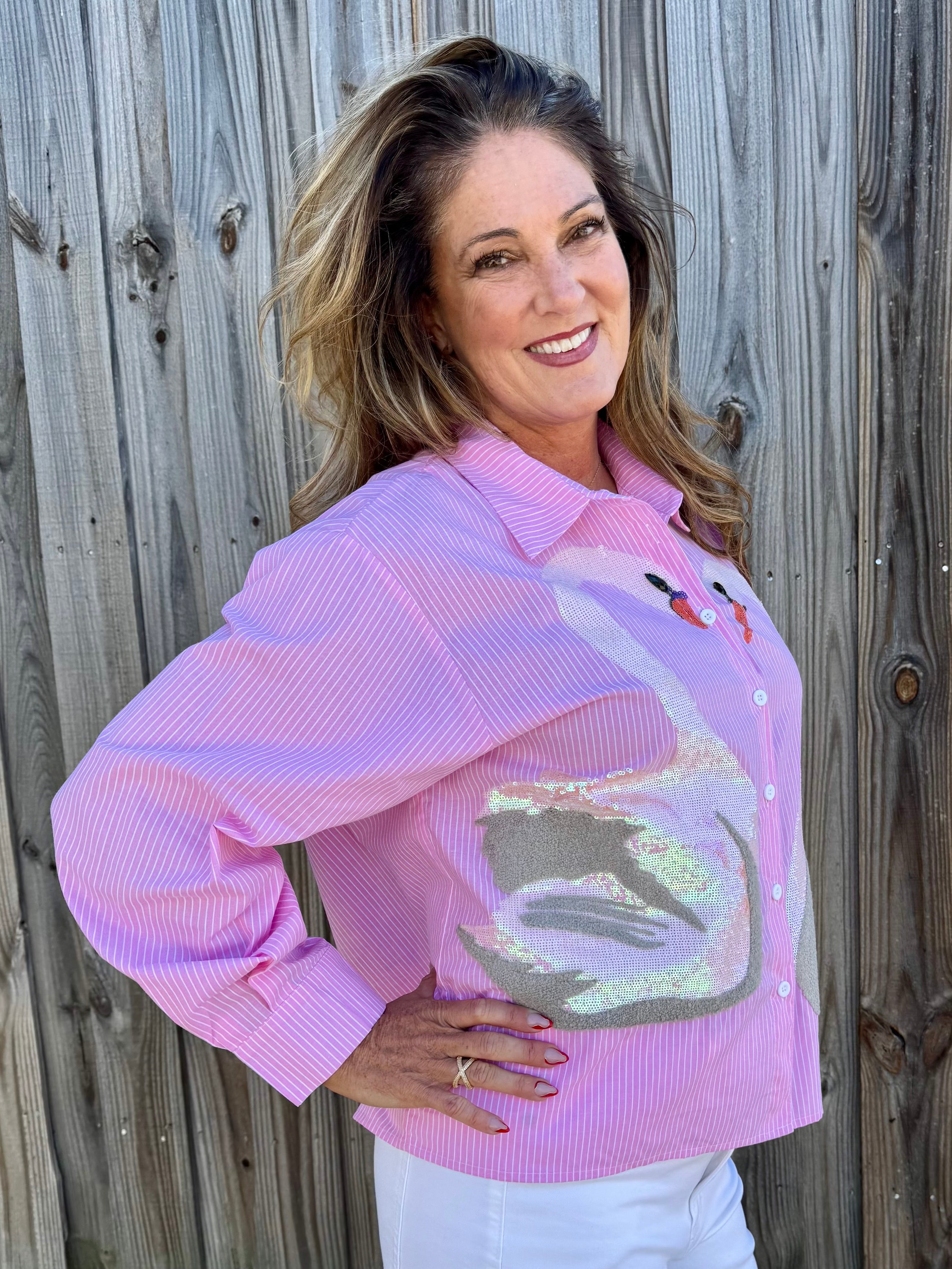 Queen of Sparkles Striped Sequin Swan Button Up Long Sleeve Top at ooh la la! in Grapevine TX 76051