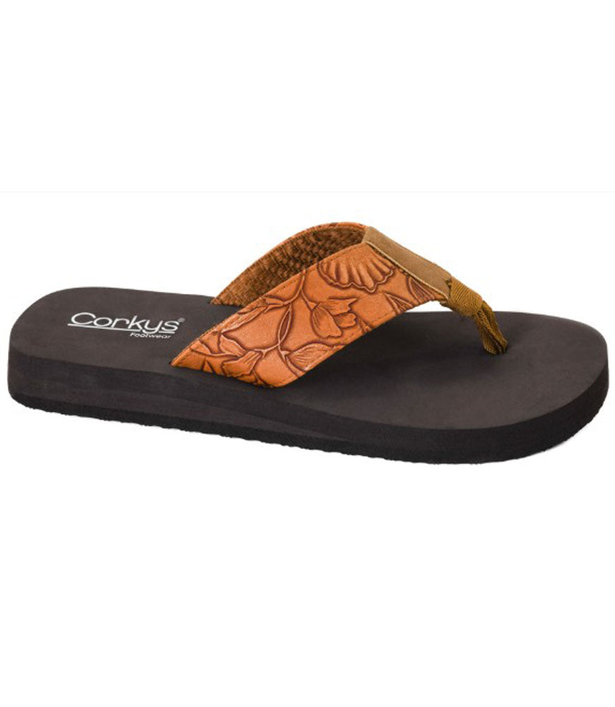 Corky's Summer Break flip flops in cognac brown with embossed floral design
