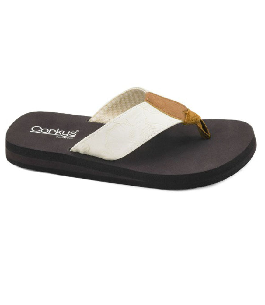 Corky's Summer Break flip flops in ivory with brown leather detail on black sole