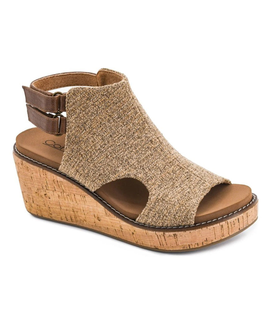 Corky's Falling Hard tan wedge sandal with cork platform and brown ankle strap buckle at ooh la la! in Grapevine TX 76051