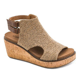 Corky's Falling Hard tan wedge sandal with cork platform and brown ankle strap buckle at ooh la la! in Grapevine TX 76051