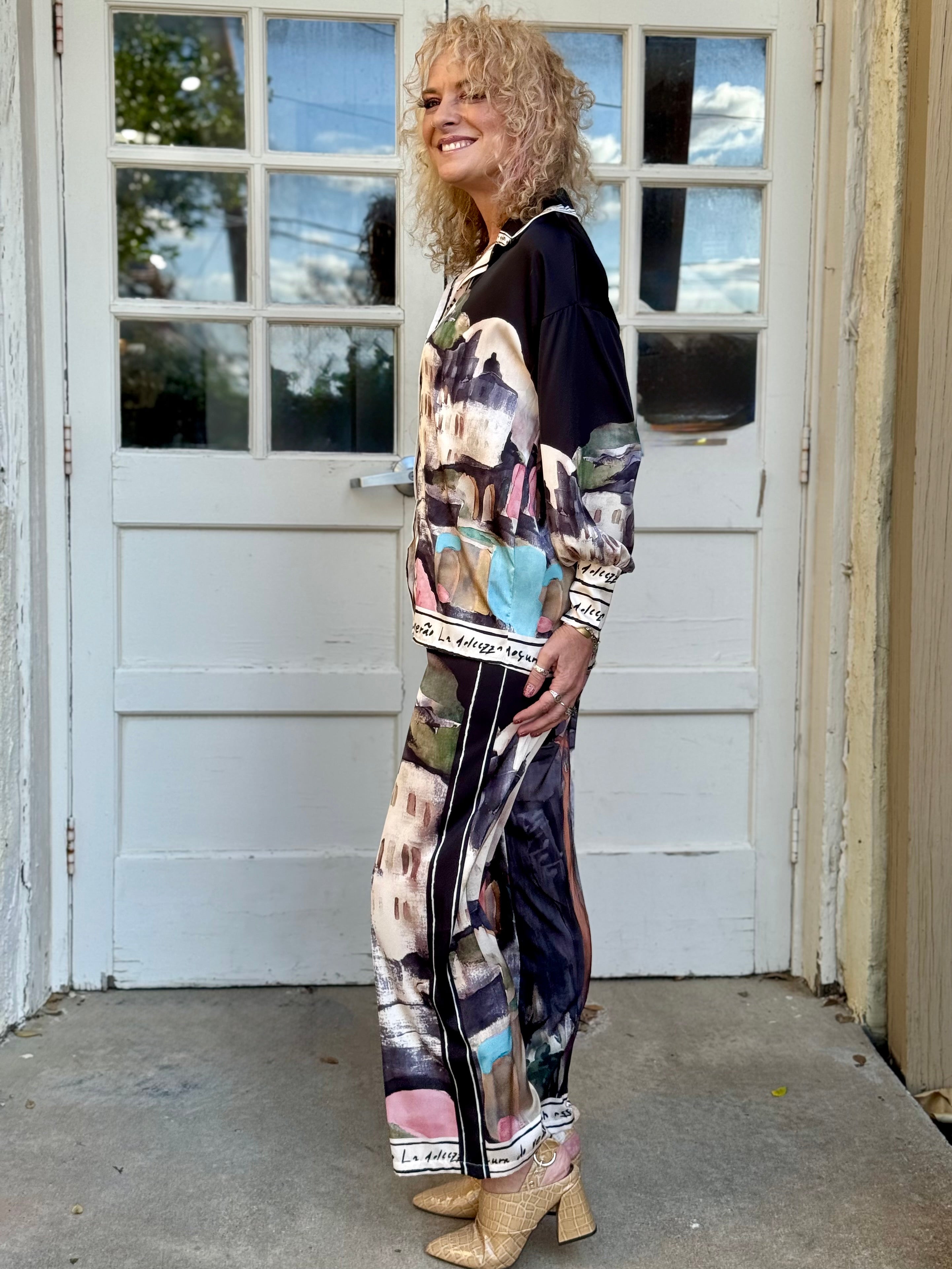 Satin Village Print Pant In black at ooh la la! in Grapevine TX 76051