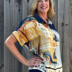 Made in Italy Satin Collared Village Print Blouse in navy at ooh la la! in Grapevine TX 76051