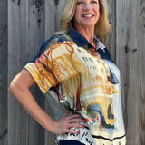 Made in Italy Satin Collared Village Print Blouse in navy at ooh la la! in Grapevine TX 76051
