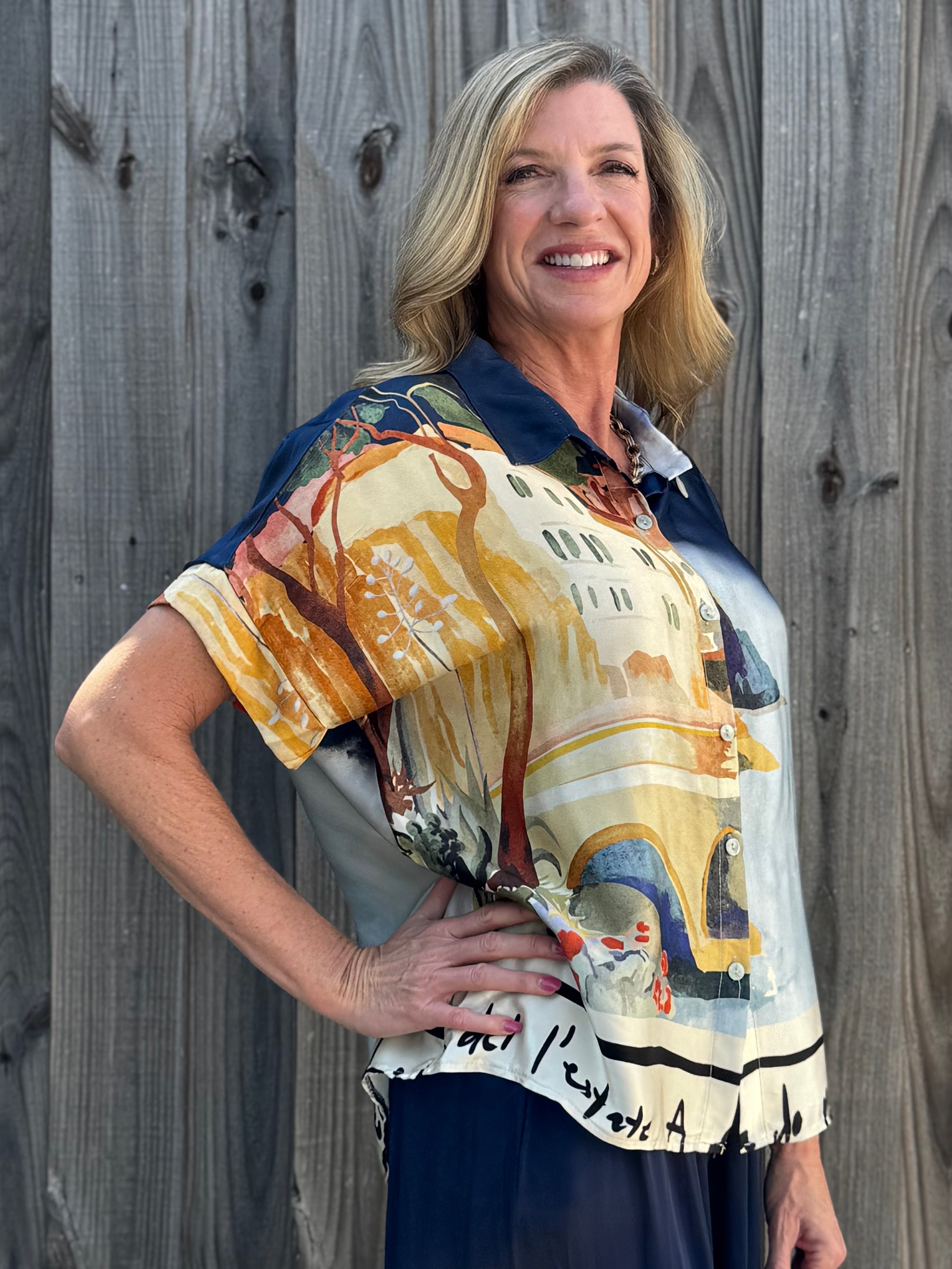 Made in Italy Satin Collared Village Print Blouse in navy at ooh la la! in Grapevine TX 76051