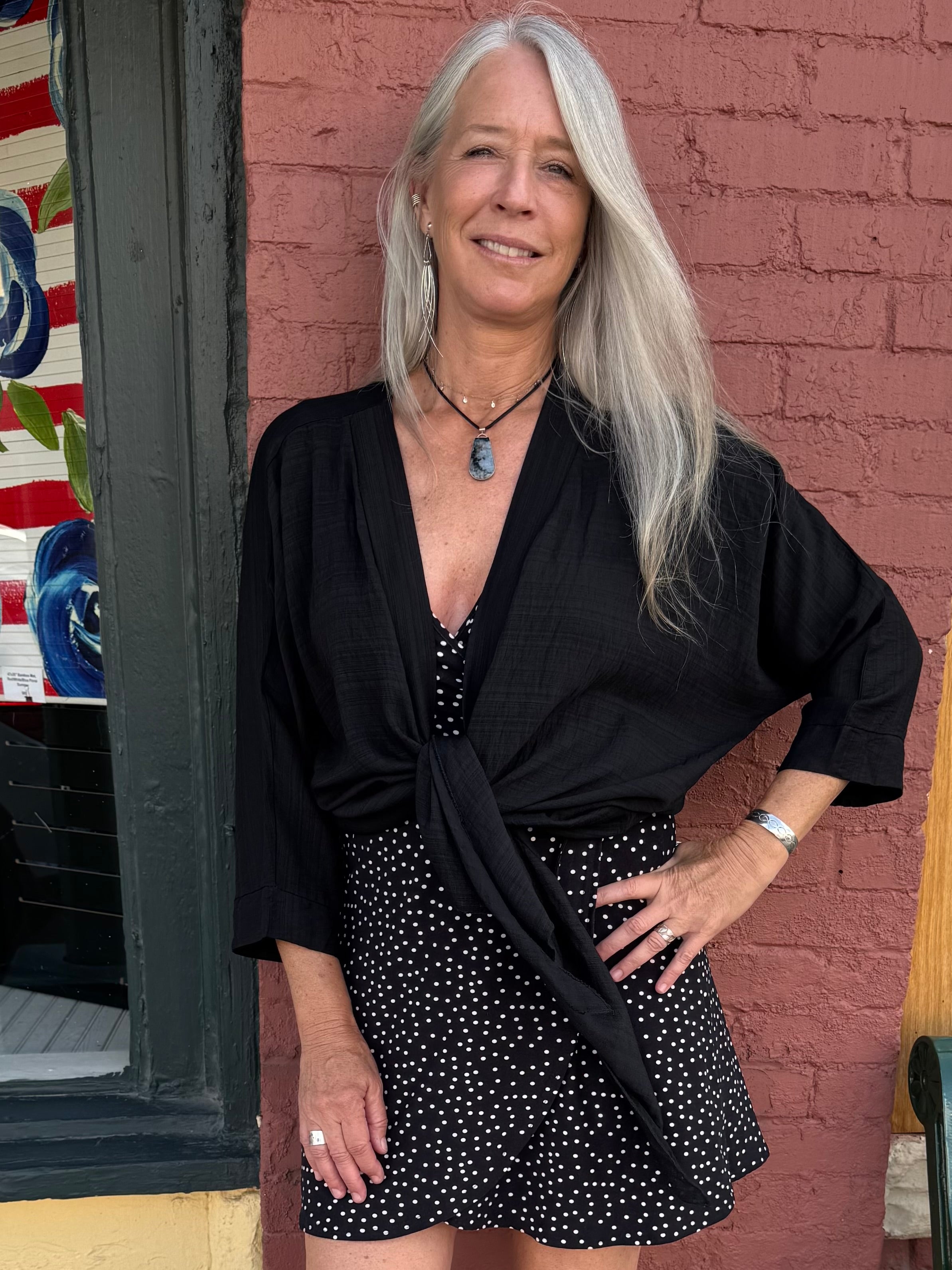 Made in Italy Tie Front Batwing Cardigan in black at ooh la la! in Grapevine TX 76051