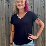 Molly Bracken Gold Beaded Trim V-Neck Top in Black at ooh la la! in Grapevine TX 76051