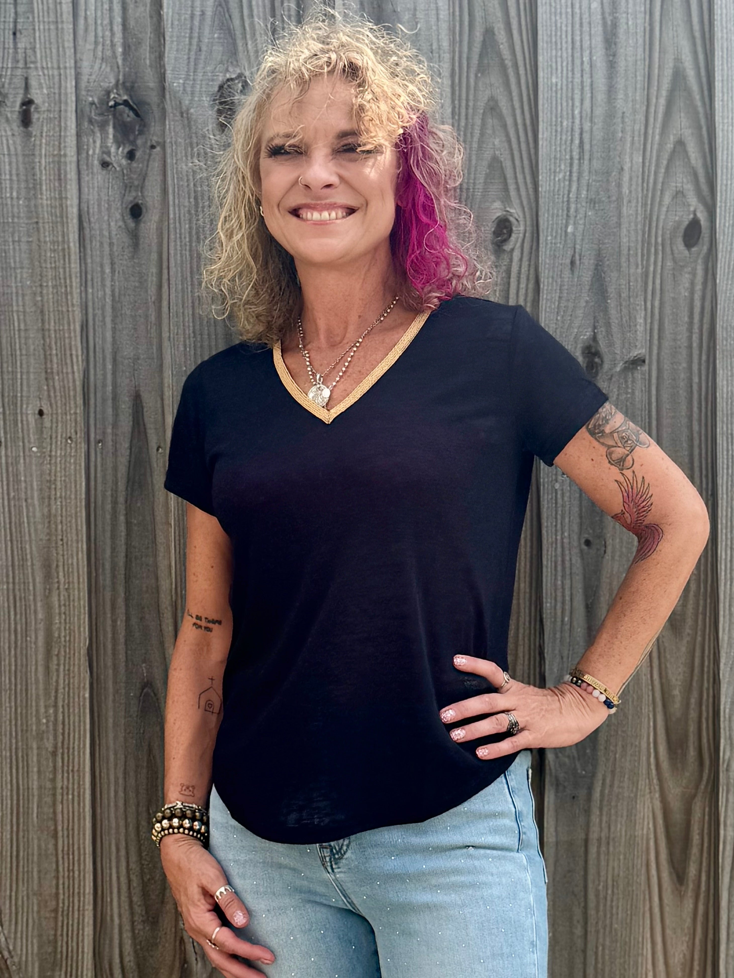 Molly Bracken Gold Beaded Trim V-Neck Top in Black at ooh la la! in Grapevine TX 76051