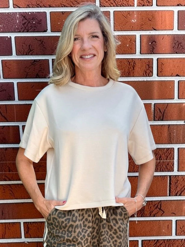 Soft Scuba Solid Crew Neck Tee In beige at ooh la la! in Grapevine TX 76051