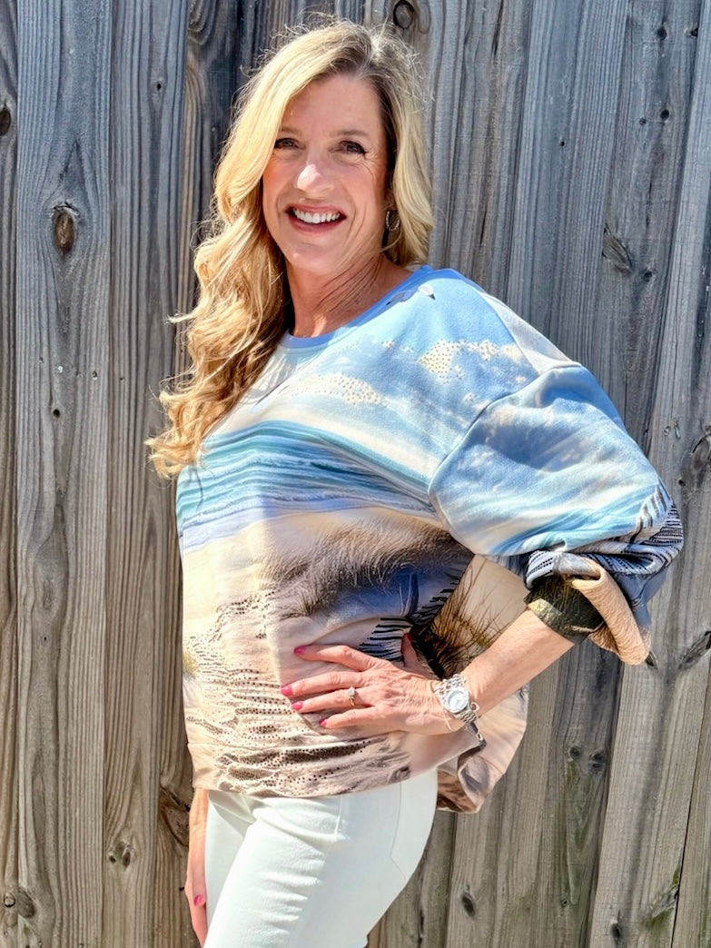 Queen of Sparkles Multi Beach Scene sparkly oversized Sweatshirt at ooh la la! in Grapevine TX 76051