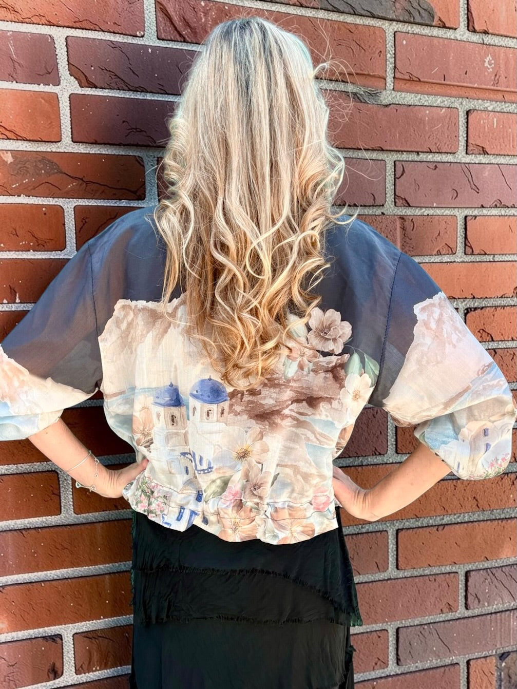 Santorini Print Sheer Bomber Jacket in black at ooh la la! in Grapevine TX 76051
