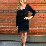 Made in Italy Long Sleeve Silk Ruffle Dress in Black at ooh la la! in Grapevine TX 76051