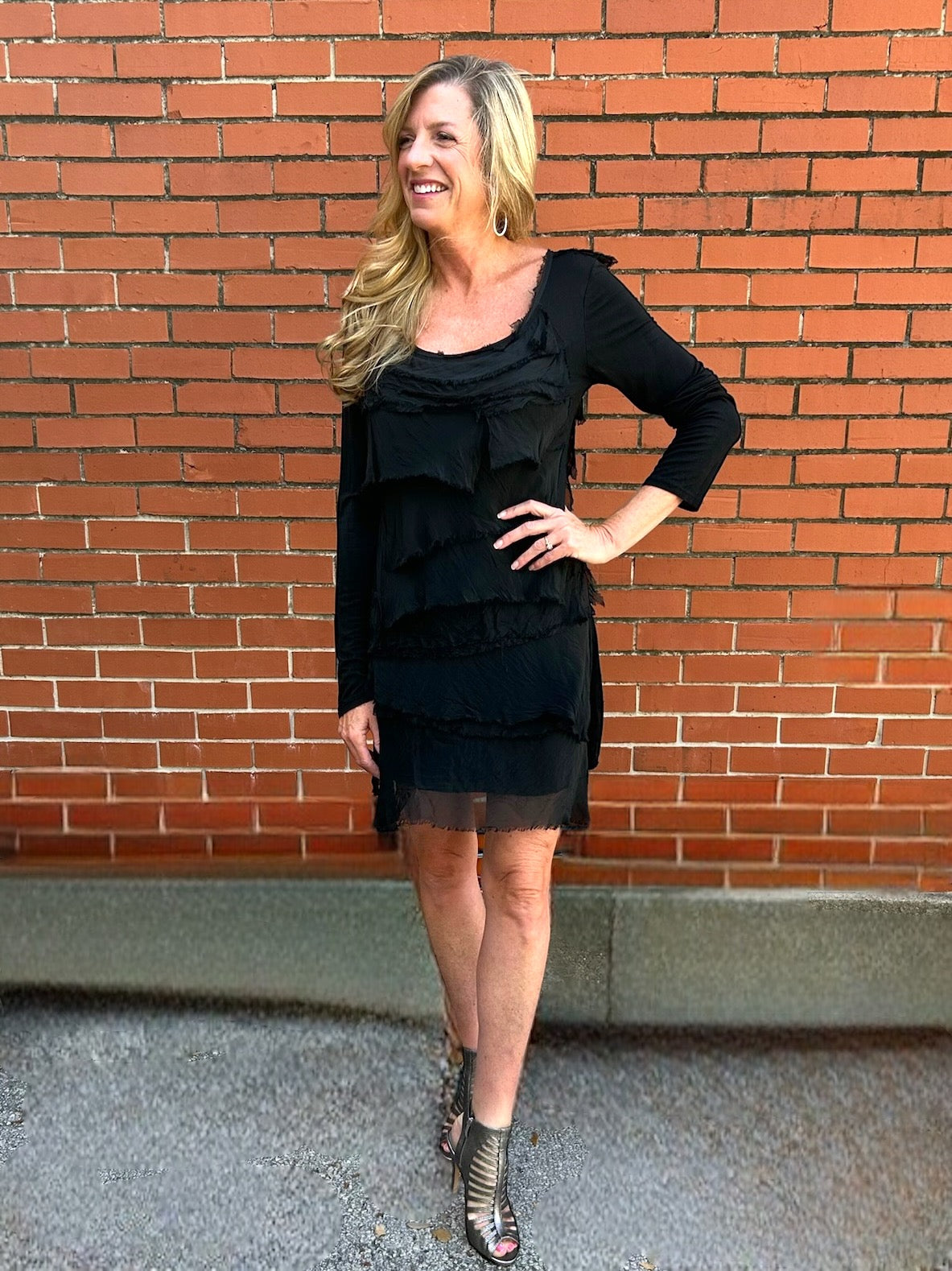 Made in Italy Long Sleeve Silk Ruffle Dress in Black at ooh la la! in Grapevine TX 76051