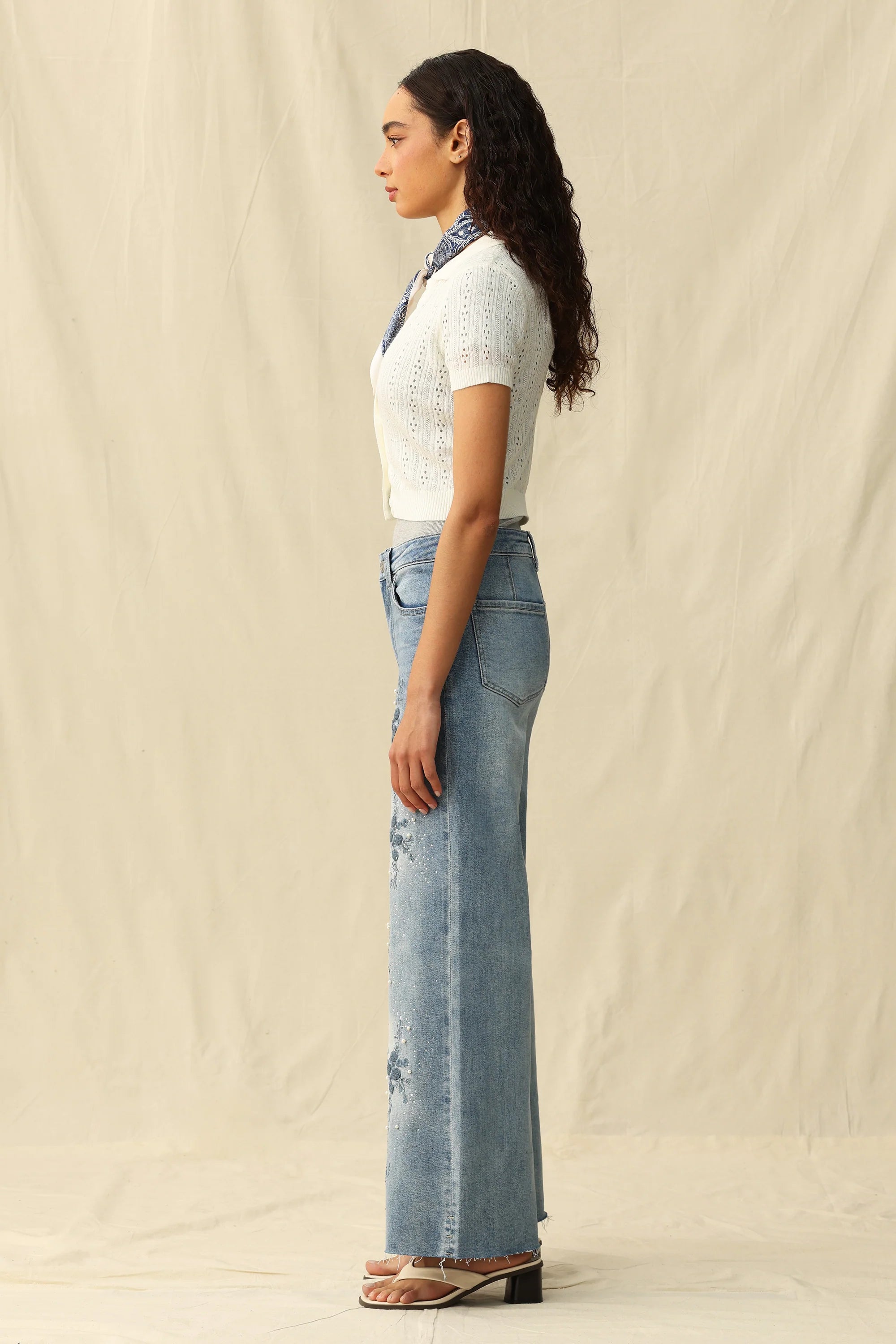 Bayeas High Rise Embroidered Embellished Wide Leg Jeans in light blue at ooh la la! in Grapevine TX 76051