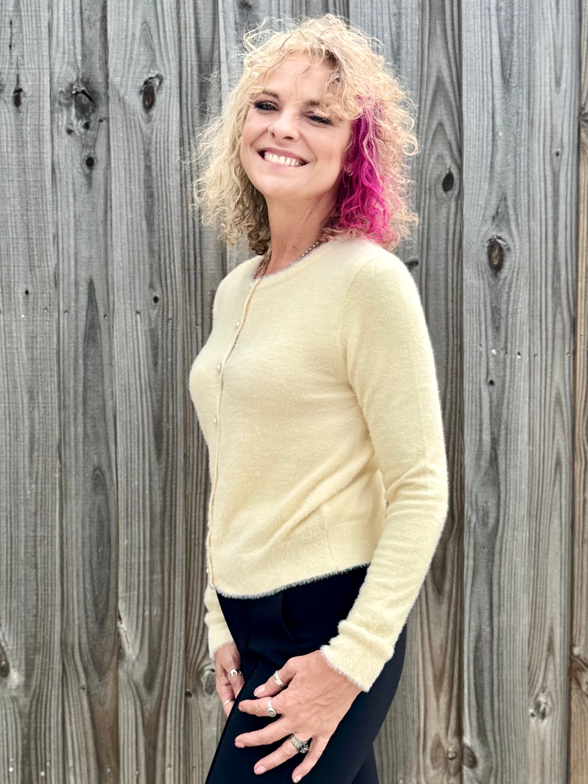 Molly Bracken Pearl Button Cardigan in off white at ooh la la! in Grapevine TX 76051