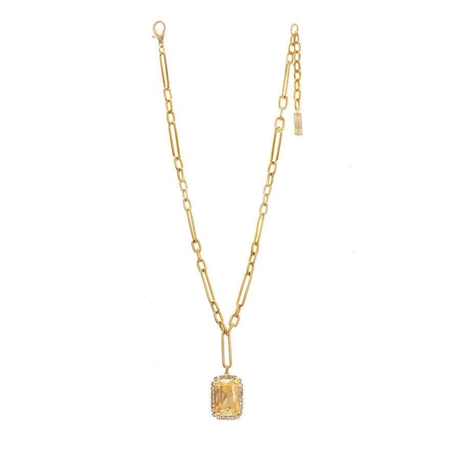 Tova Mini Soleil Necklace featuring gold paperclip chain with golden shadow crystal pendant