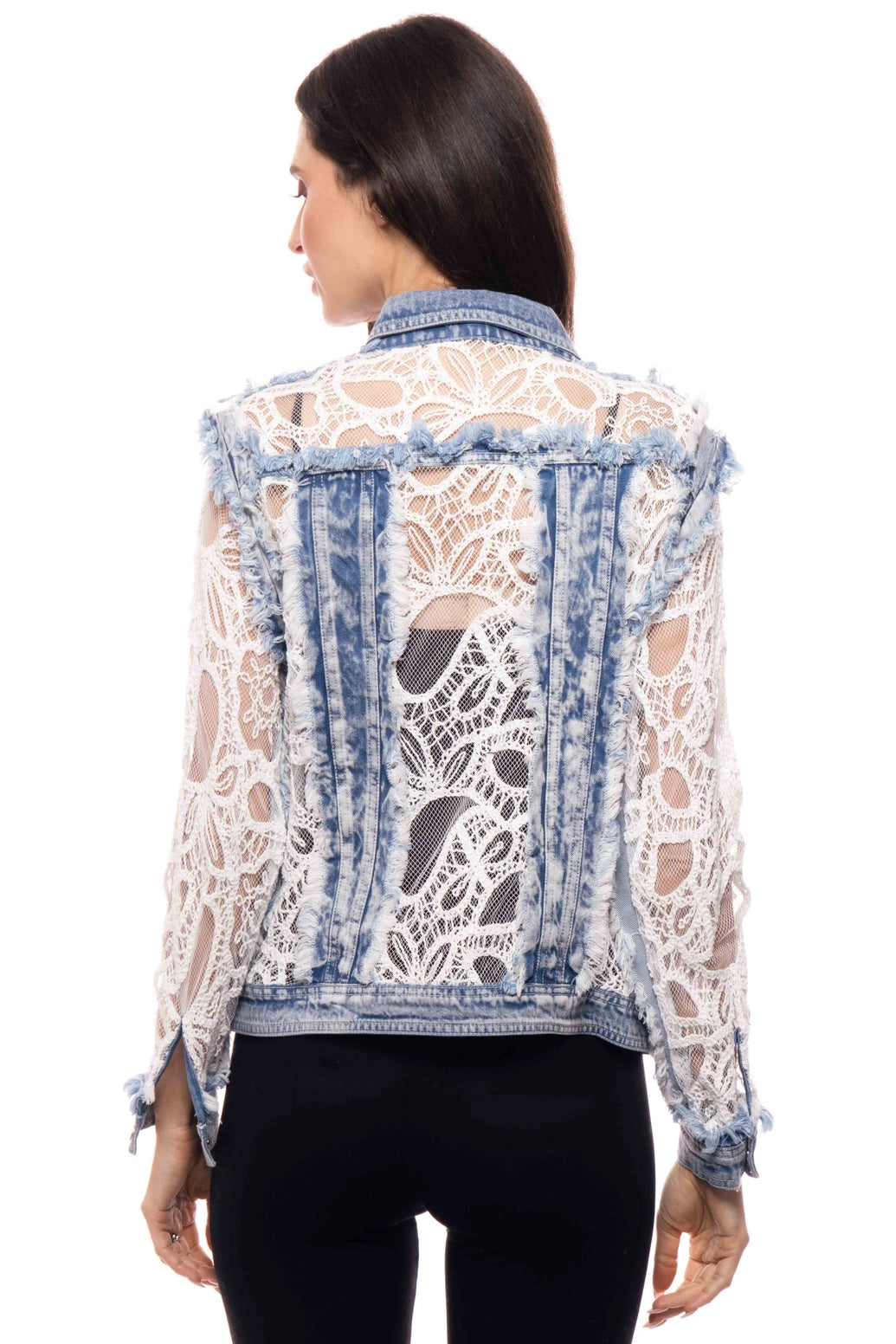 Adore Denim Jacket Inset with White Lace at ooh la la! in Grapevine TX 76051