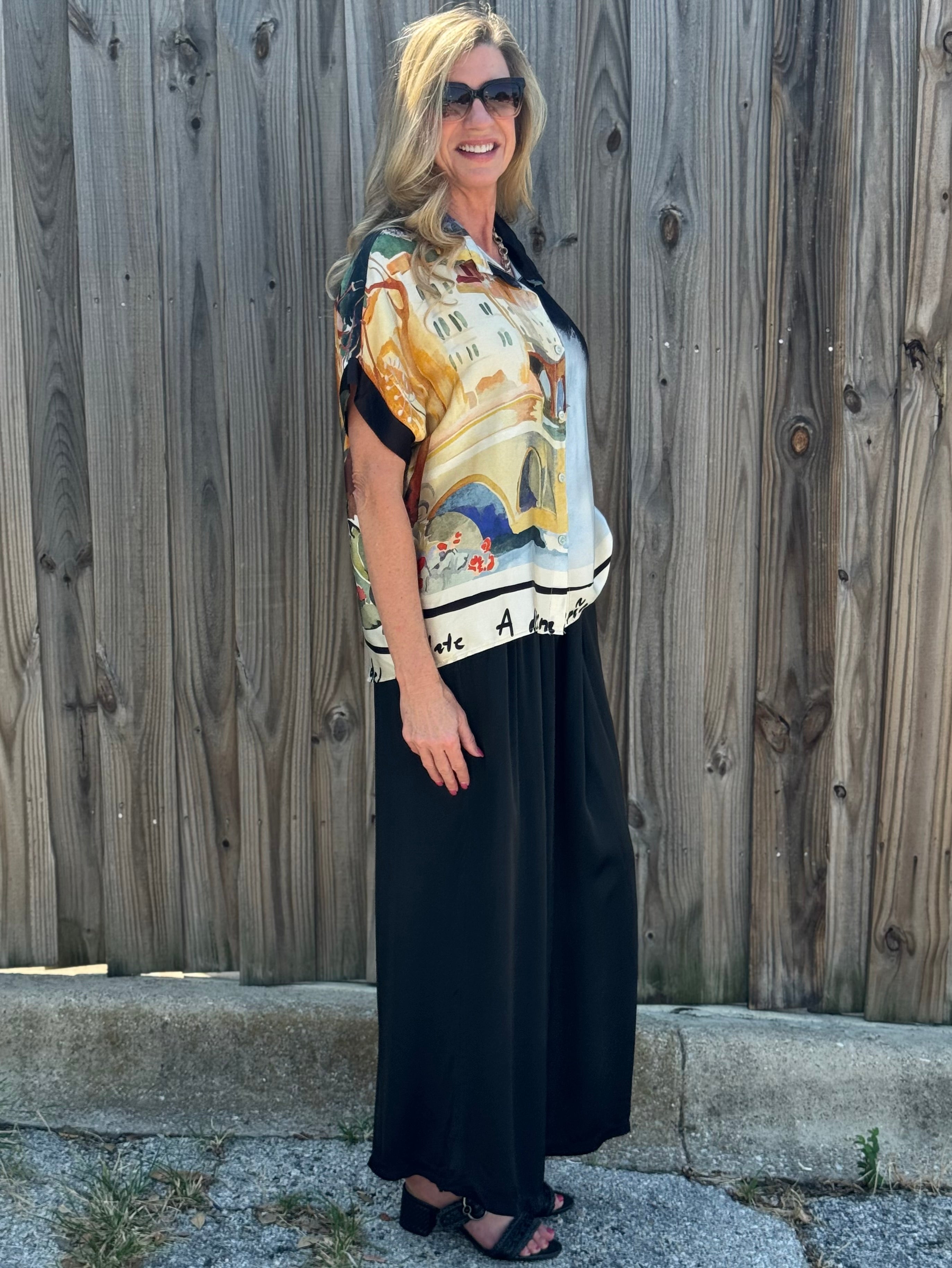Made in Italy Satin Wide Leg Pants in Black at ooh la la! in Grapevine TX 76051