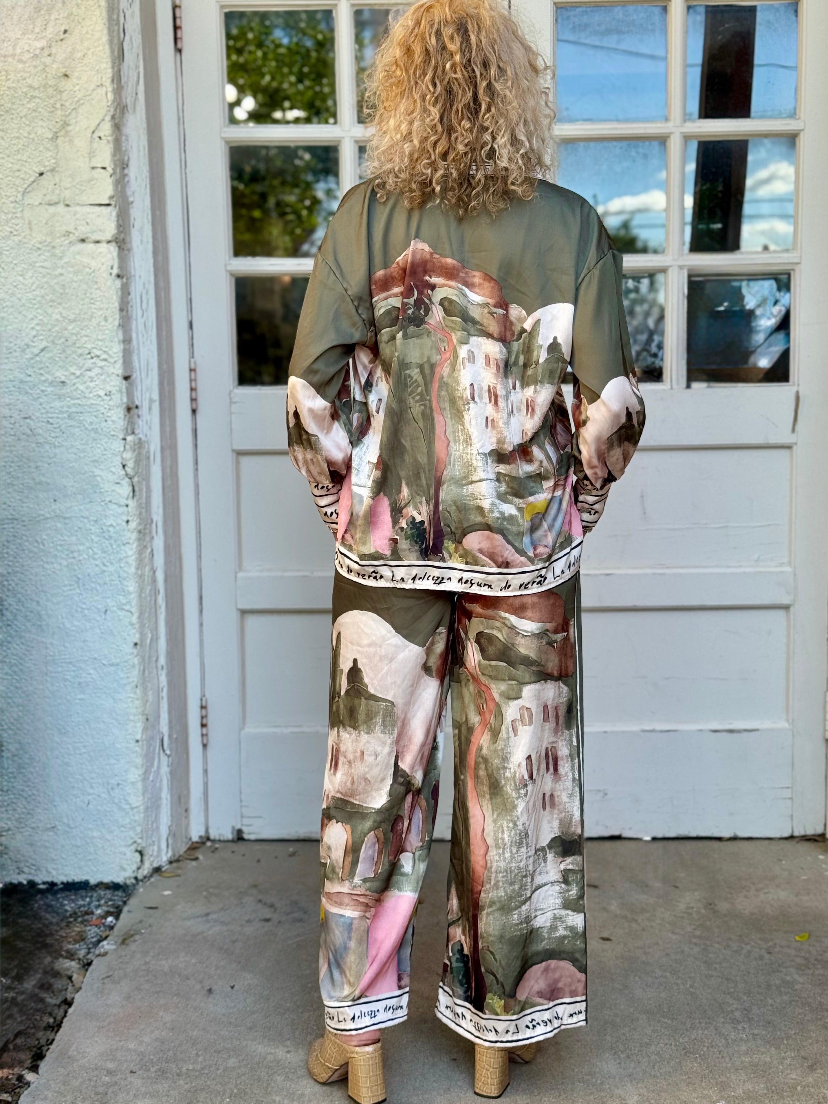 Satin Village Print Pant In Olive at ooh la la! in Grapevine TX 76051