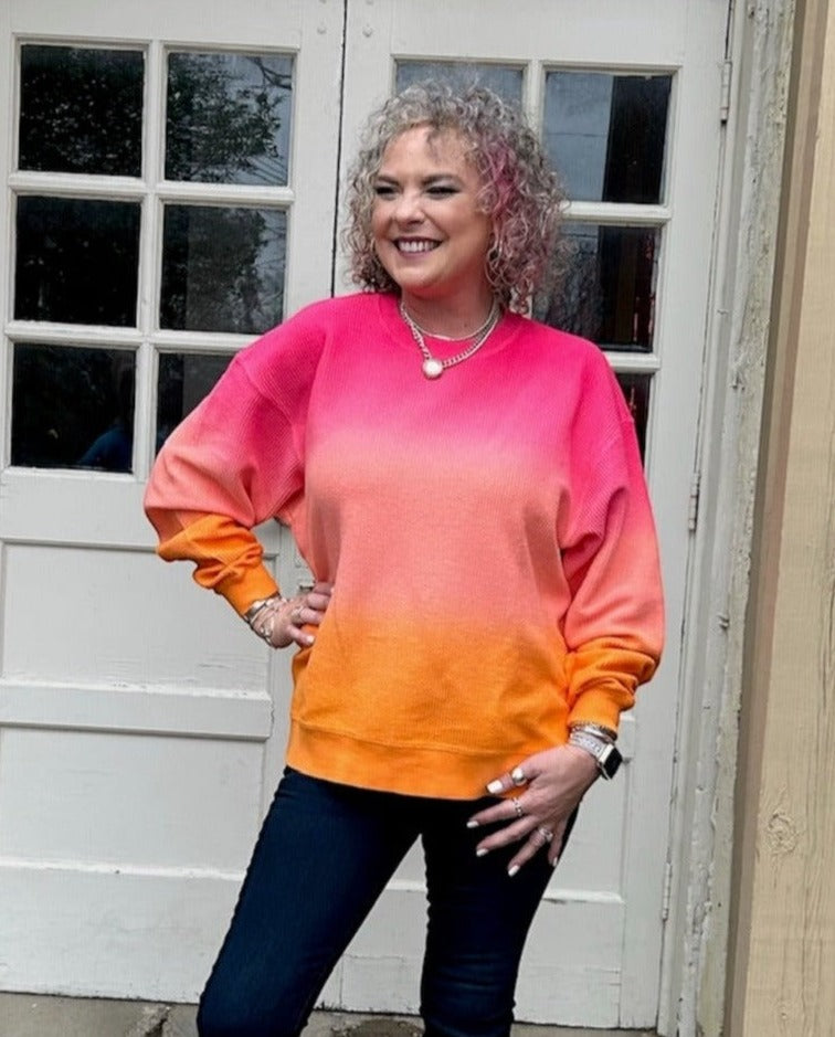 Ombre Cozy Cord Sweatshirt in Pink/Orange at ooh la la! in Grapevine TX 76051