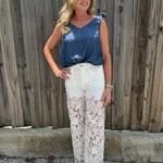 High Rise Wide Leg Lace Denim Jeans With Rhinestones - White at ooh la la! in Grapevine TX 76051
