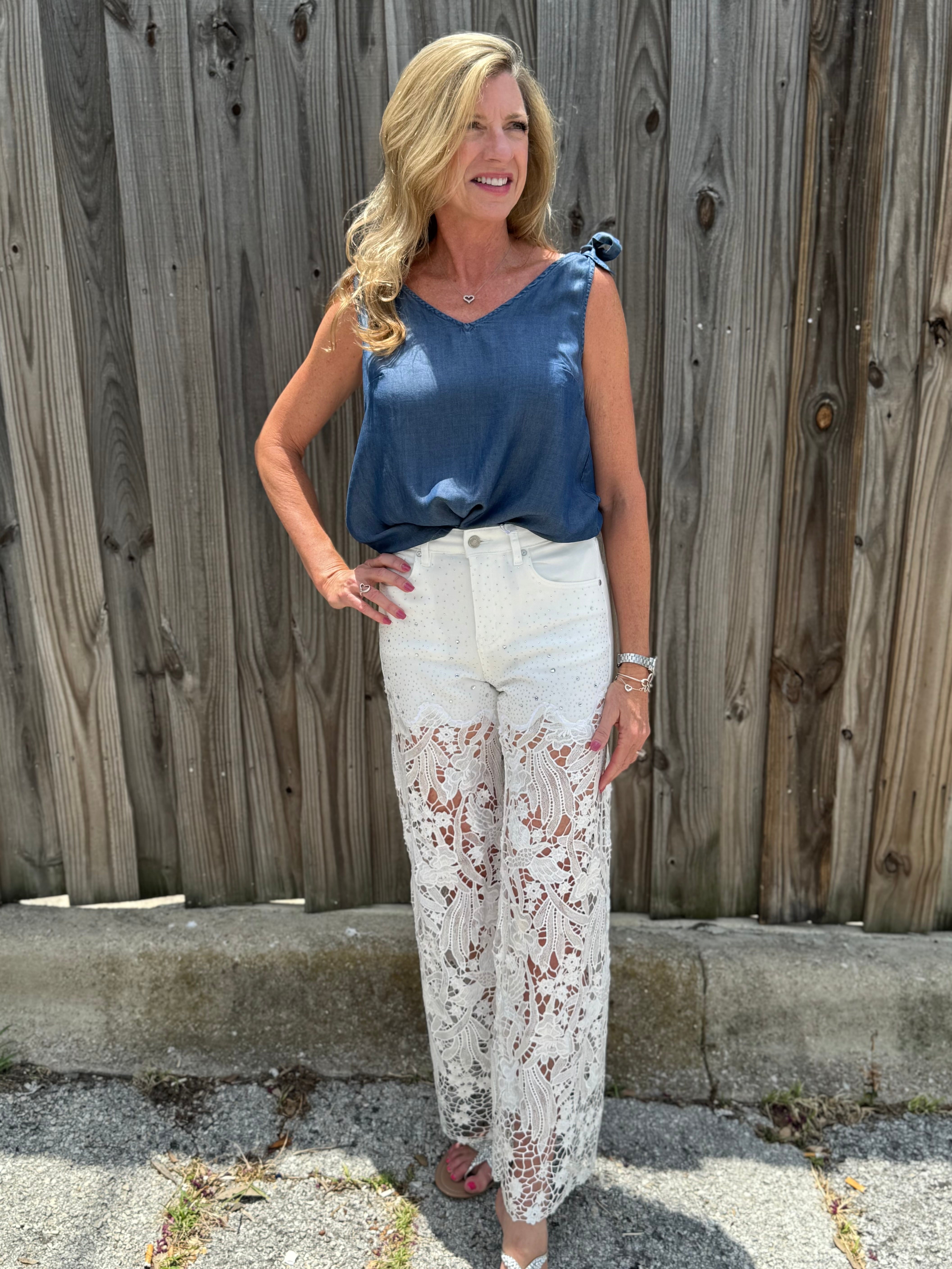 High Rise Wide Leg Lace Denim Jeans With Rhinestones - White at ooh la la! in Grapevine TX 76051