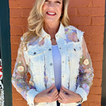 Denim Jacket with Floral Appliqué on Mesh in white at ooh la la! in Grapevine TX 76051