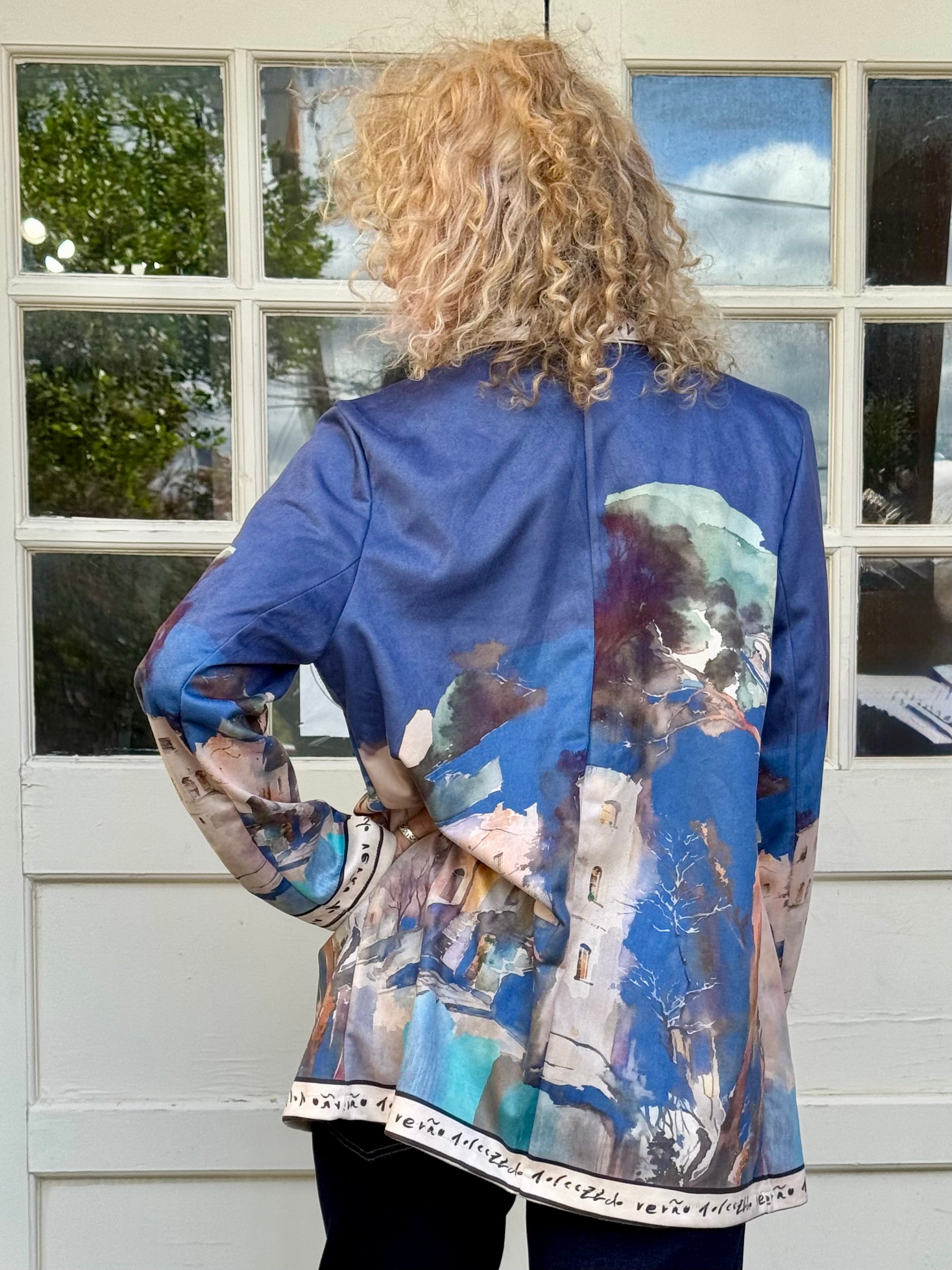 Village Print Ultrasuede Blazer In blue at ooh la la! in Grapevine TX 76051