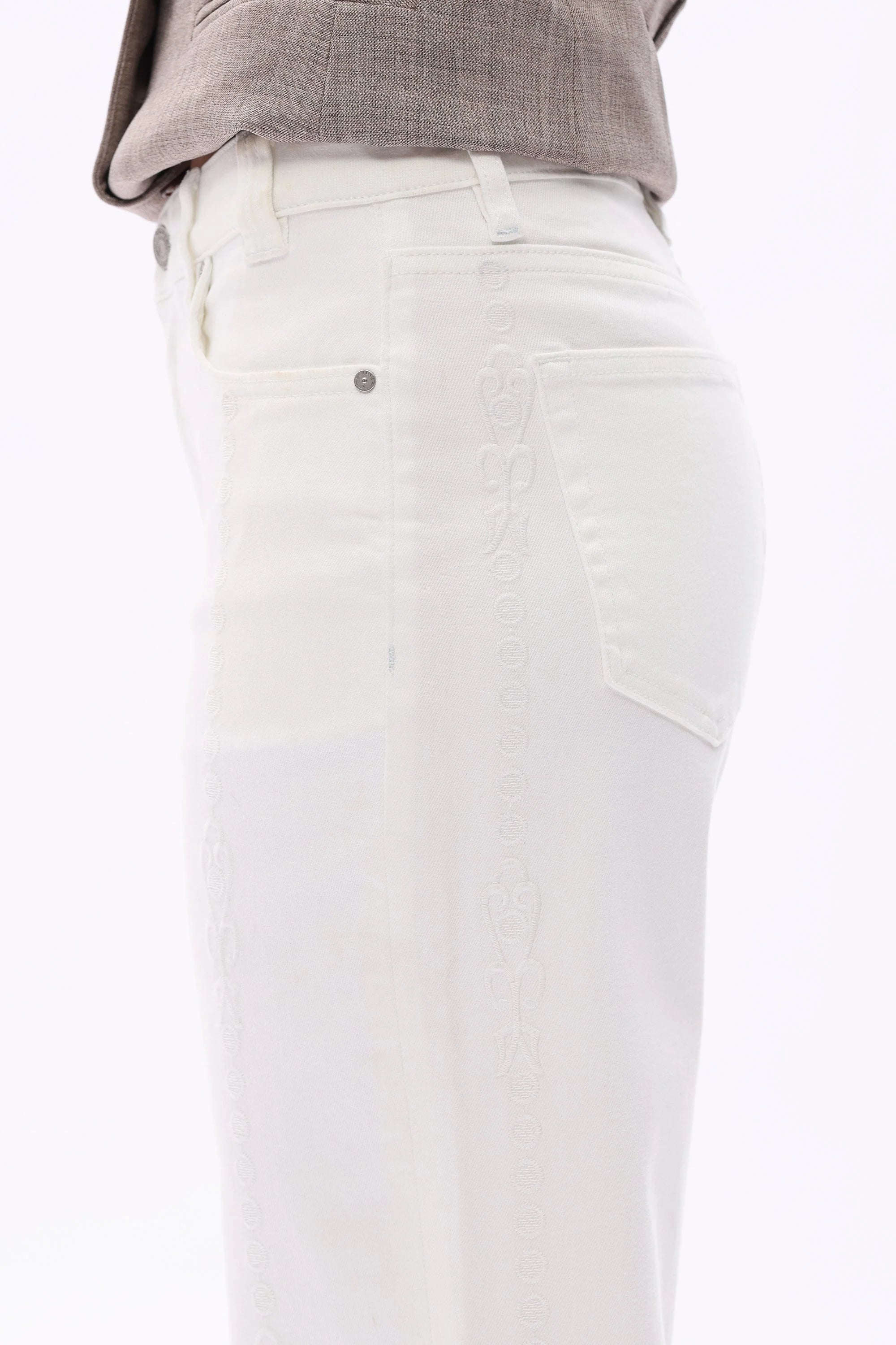 Art Deco jeans, embroidered straight leg jeans, mid rise white jeans, vintage style denim, women's designer jeans, luxury cotton denim, white embroidered trousers. at ooh la la! in Grapevine TX 76051