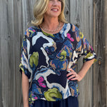 Abstract Flower Print Silk Raw Edge Blouse in navy at ooh la la! in Grapevine TX 76051