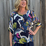 Abstract Flower Print Silk Raw Edge Blouse in navy at ooh la la! in Grapevine TX 76051