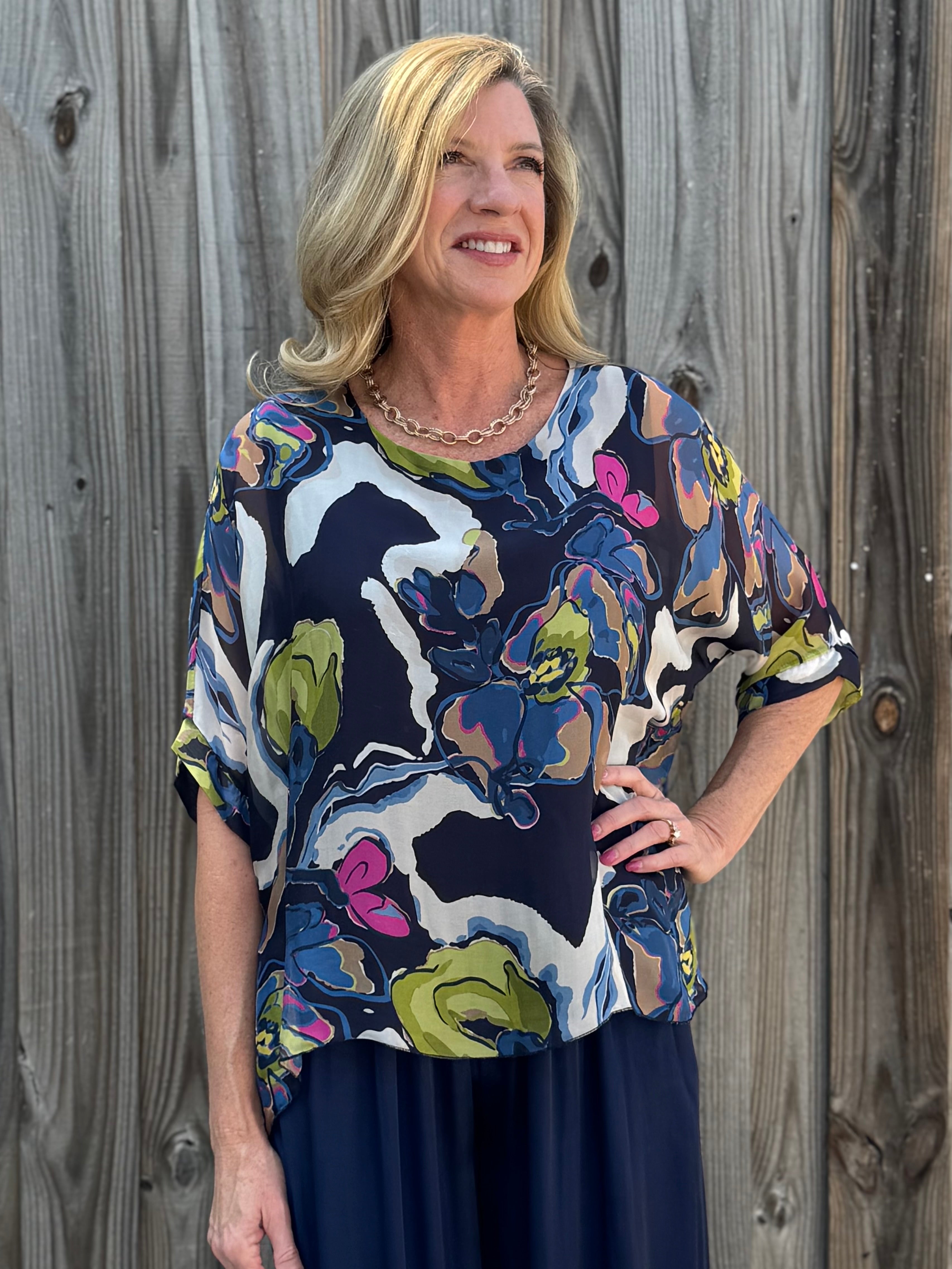 Abstract Flower Print Silk Raw Edge Blouse in navy at ooh la la! in Grapevine TX 76051