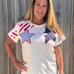 Queen of Sparkles, USA Star Tee, Patriotic Sequin Shirt, 4th of July Fashion, Designer Patchwork Tee, Red White and Blue Top, Luxury Graphic Tee at ooh la la! in Grapevine TX 76051