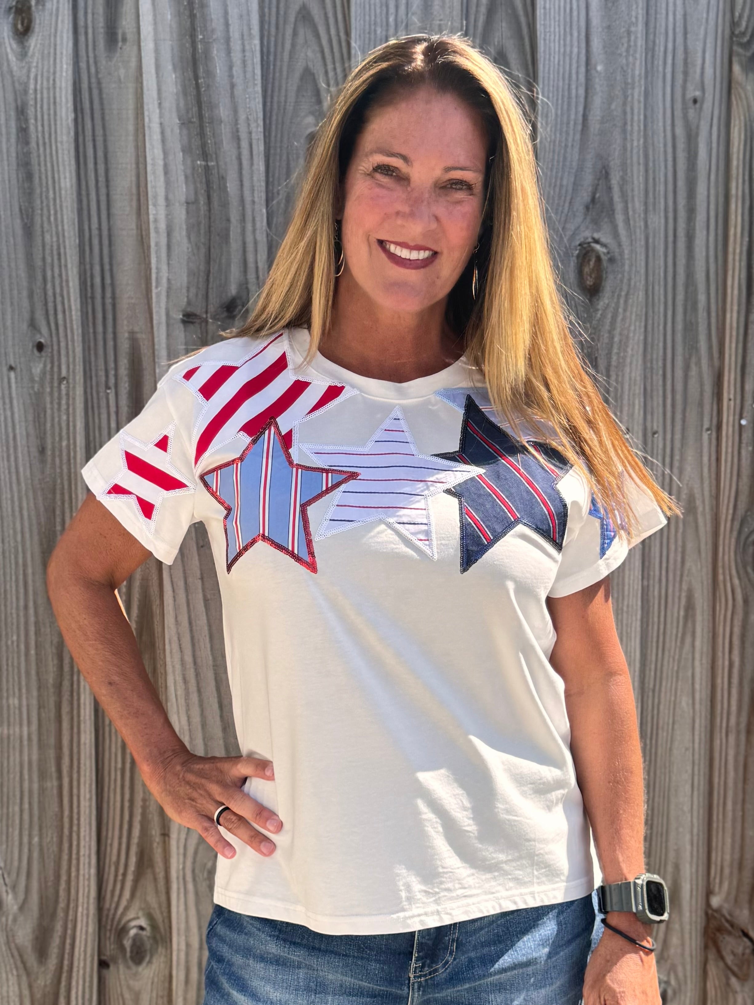 Queen of Sparkles, USA Star Tee, Patriotic Sequin Shirt, 4th of July Fashion, Designer Patchwork Tee, Red White and Blue Top, Luxury Graphic Tee at ooh la la! in Grapevine TX 76051
