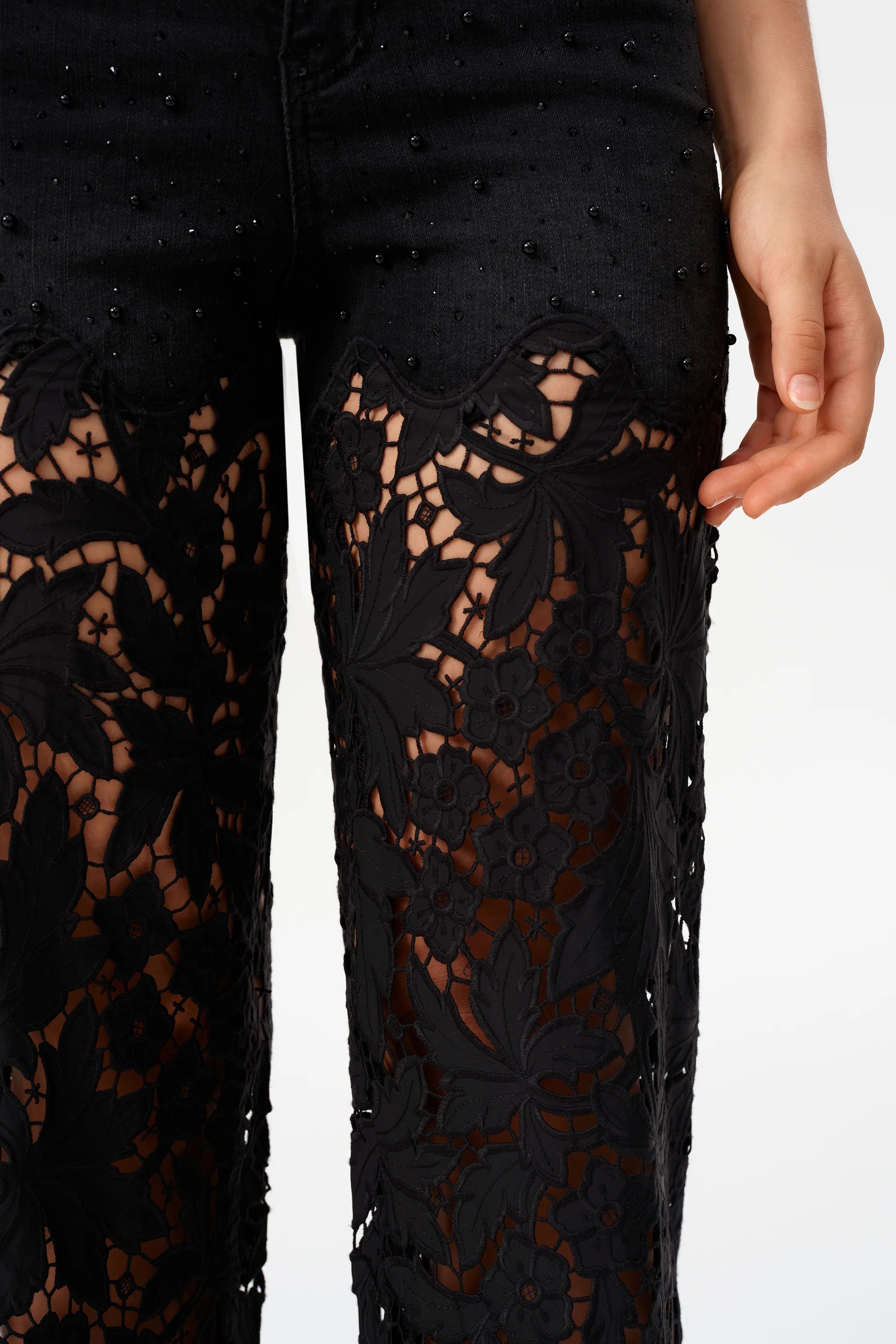 Bayeas High Rise Embroidered Floral Lace Wide Leg Jeans in Inkgauze black at ooh la la! in Grapevine TX 76051