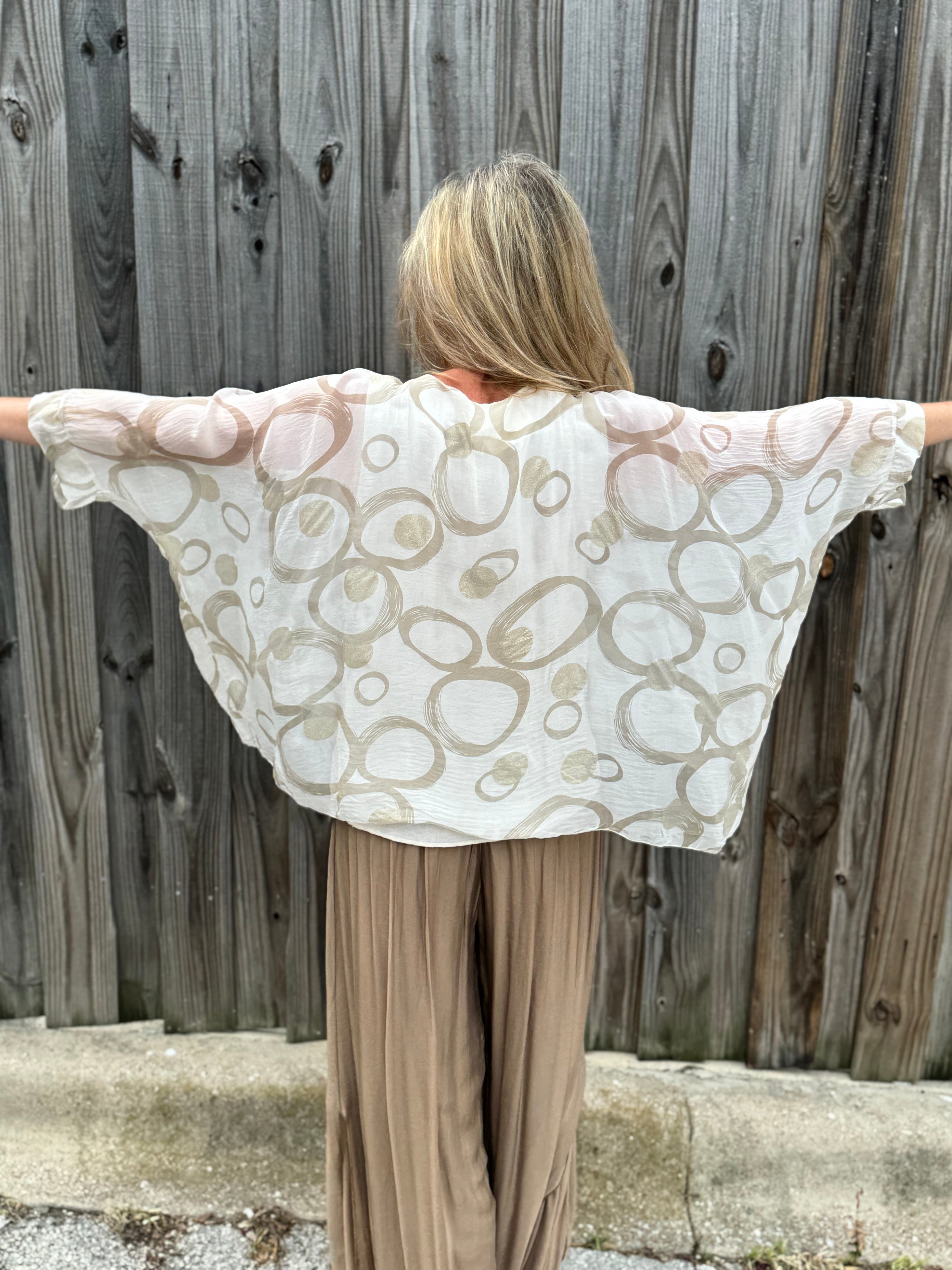 Silk Circles Kaftan in beige at ooh la la! in Grapevine TX 76051