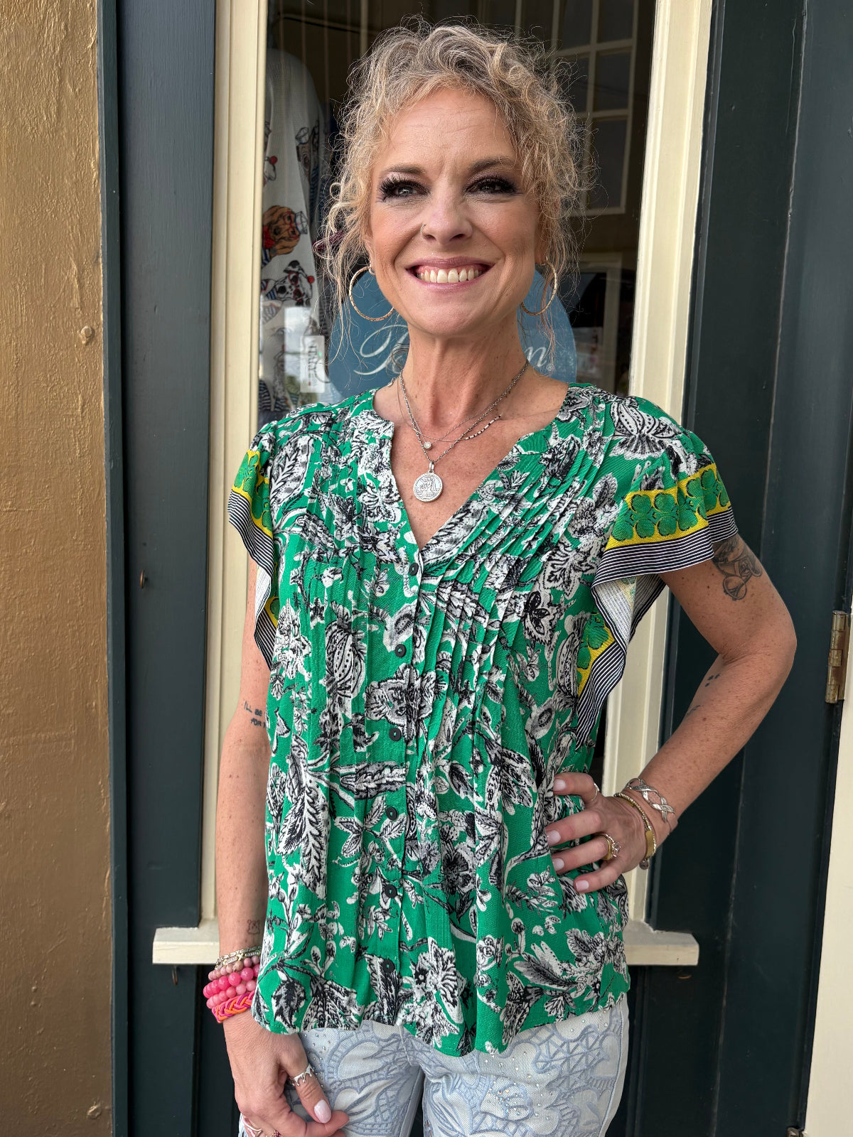 Olive Hill Flutter Sleeve Floral Button Up Blouse at ooh la la! in Grapevine TX 76051