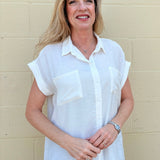 White oversized blouse, sleeveless button down, women's gauze shirt, relaxed fit summer top, drop shoulder blouse, breathable white shirt, chic sleeveless blouse. at ooh la la! in Grapevine TX 76051