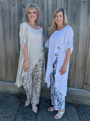 Made in Italy Hi Lo Linen Tunic and Ikat Print Linen Pant at ooh la la! in Grapevine TX 76051