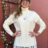 Fringe Hem Pullover Cable Sweater