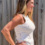 Queen of Sparkles, rhinestone tank top, multi color crystal top, white sparkle shirt, party tank top, designer embellished top, Queen of Sparkles apparel, luxury boutique tops, colorful rhinestone bodice. at ooh la la! in Grapevine TX 76051