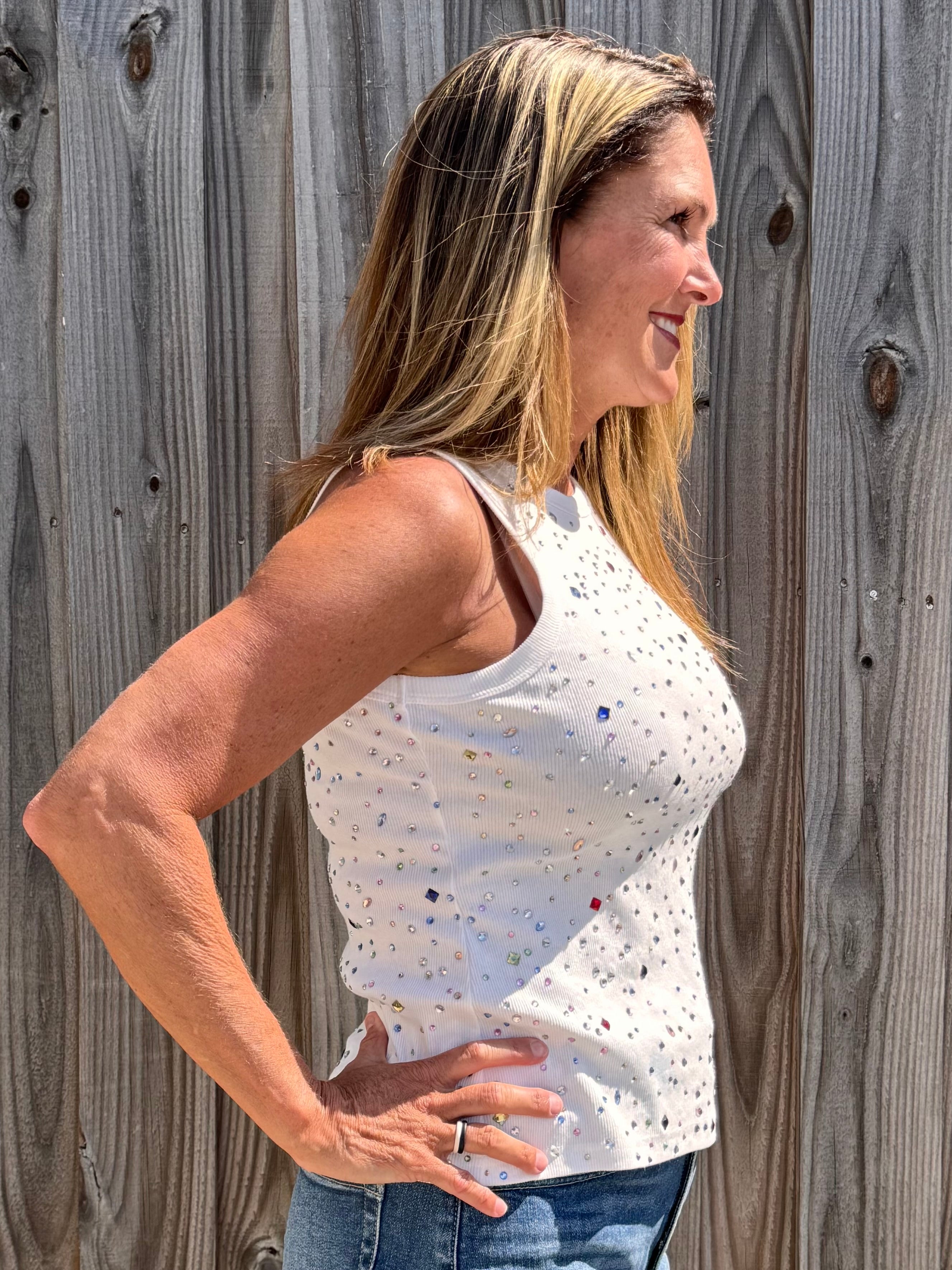 Queen of Sparkles, rhinestone tank top, multi color crystal top, white sparkle shirt, party tank top, designer embellished top, Queen of Sparkles apparel, luxury boutique tops, colorful rhinestone bodice. at ooh la la! in Grapevine TX 76051