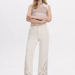 high rise straight jeans, paisley embroidery denim, cream cutout jeans, lyocell blend pants, bohemian straight leg, designer hem denim, white high waisted jeans at ooh la la! in Grapevine TX 76051