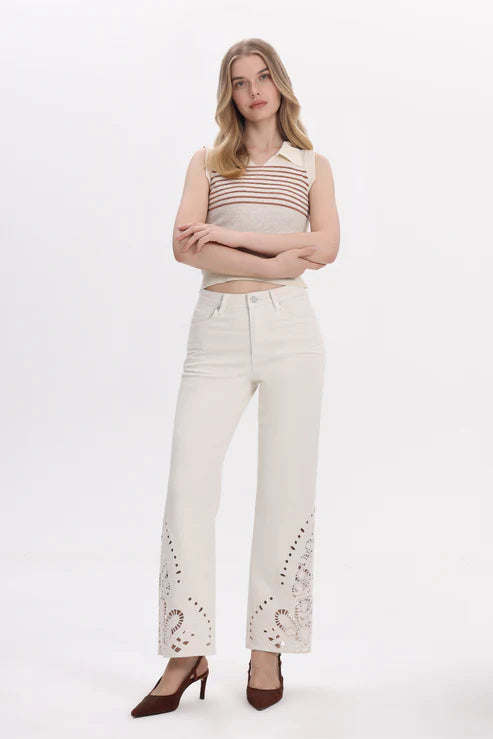 high rise straight jeans, paisley embroidery denim, cream cutout jeans, lyocell blend pants, bohemian straight leg, designer hem denim, white high waisted jeans at ooh la la! in Grapevine TX 76051